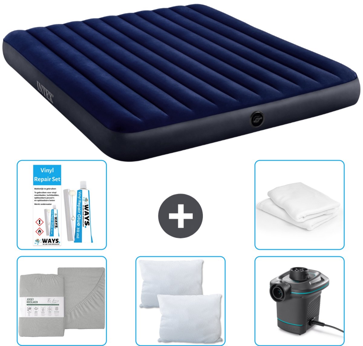 Intex Luchtbed - 2-Persoons - 183 x 203 x 25 cm - Blauw - Inclusief Hoeslaken - Kussen - Pomp - Reparatieset en Kussenbeschermer