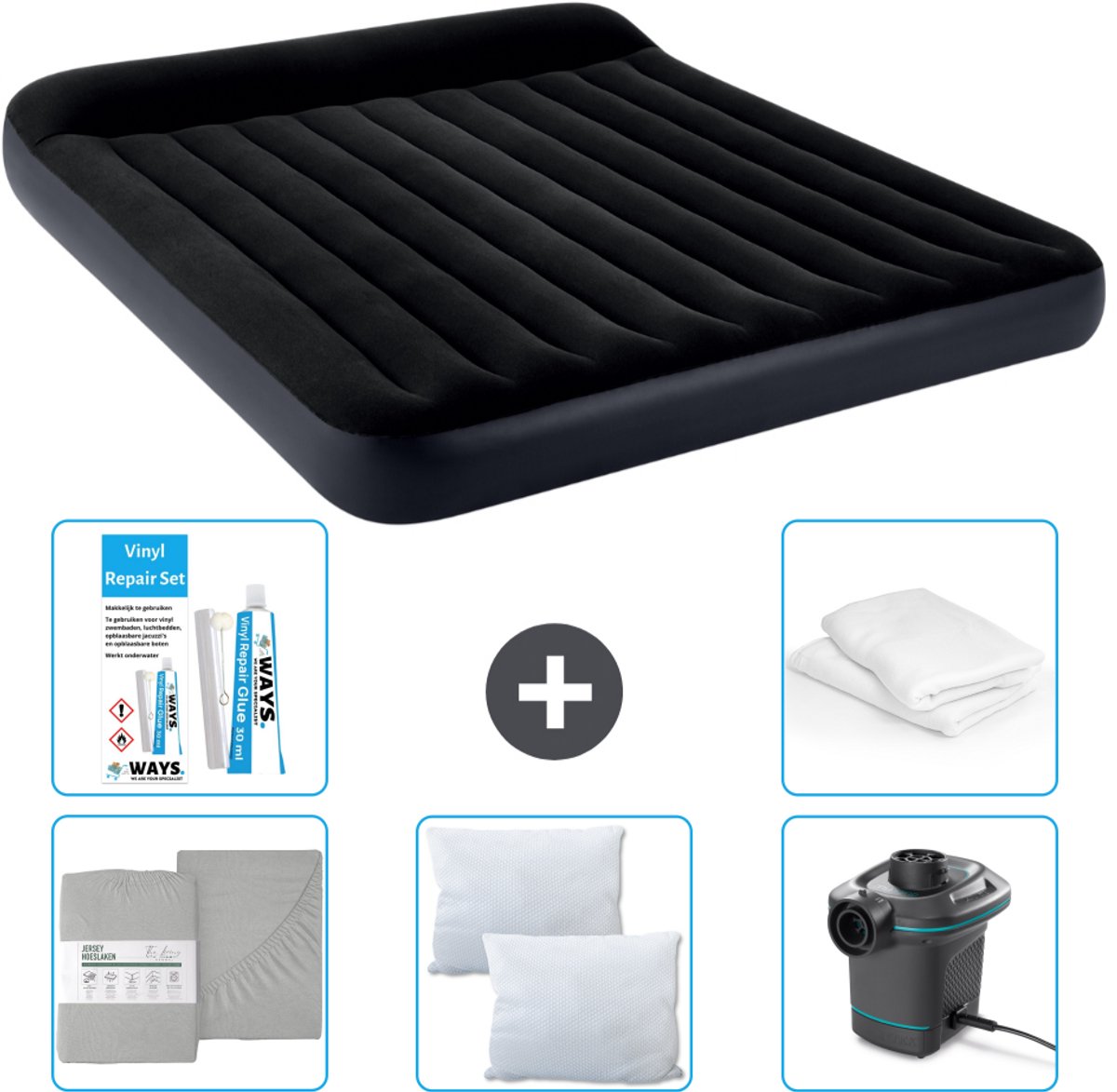 Intex Luchtbed - 2-Persoons - 183 x 203 x 25 cm - Donkerblauw - Inclusief Hoeslaken - Kussen - Pomp - Reparatieset en Kussenbeschermer