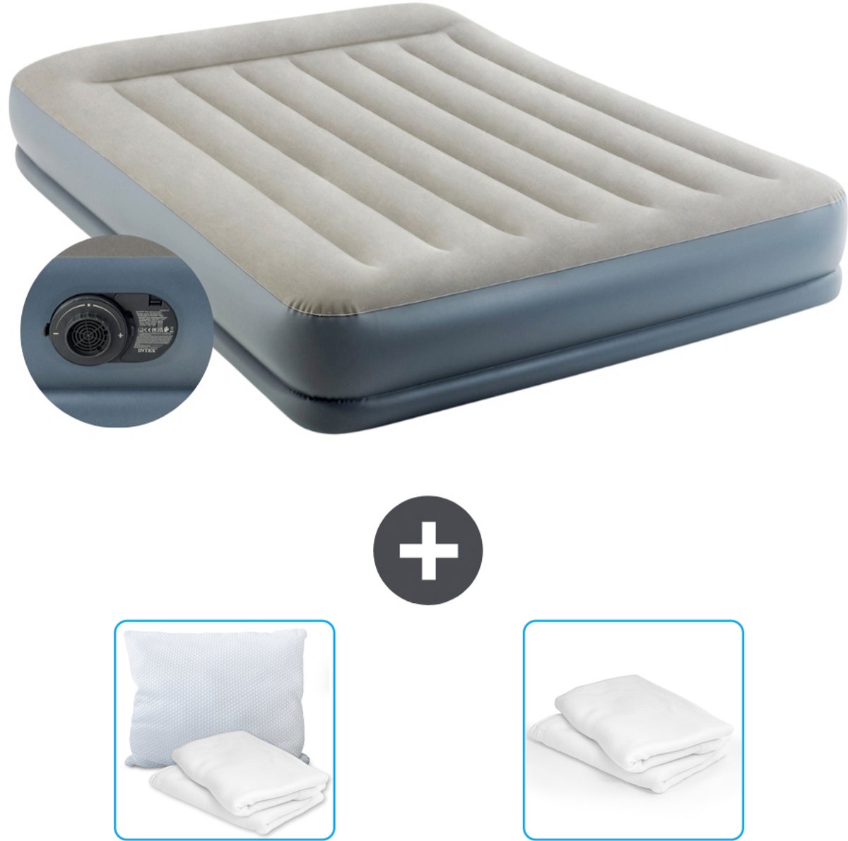 Intex Luchtbed - 2-Persoons - 152 x 203 x 30 cm - Grijs - Inclusief pomp - Kussen en Kussenbeschermer