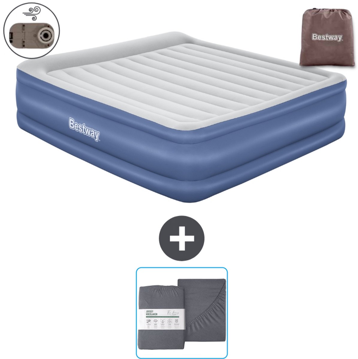 Bestway luchtbed - 2-Persoons - 193 x 203 x 56 cm - Grijs/Blauw - Inclusief pomp en Hoeslaken