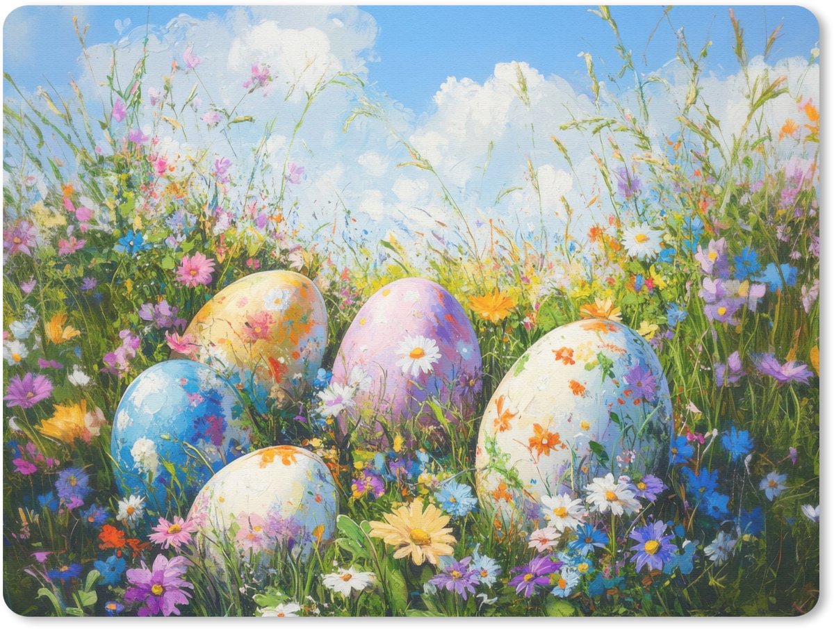 Muismat 23x19 cm - Mousepad Grasveld - Eieren - Bloemen - Muismatten