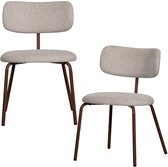 Twee stoelen met off-white gestreepte stof en bruine metalen poten.
