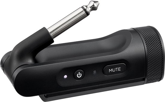 Zwarte Bose draadloze microfoon met zilveren plug en "MUTE" knop.