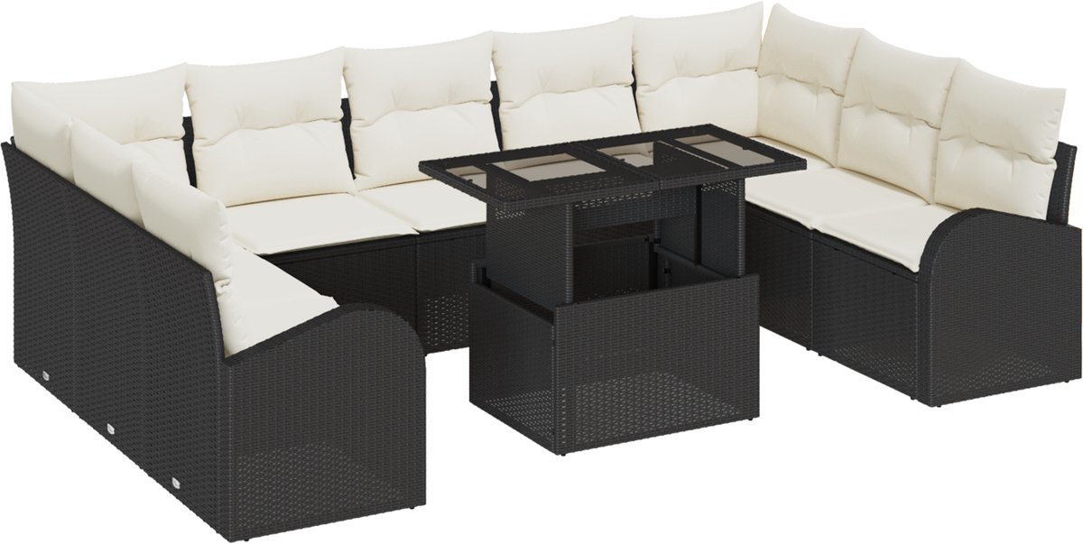 vidaXL - Tuinbank - Set - met - kussen - met - opslag - 10 - pcs - Zwart - Poly - rattan