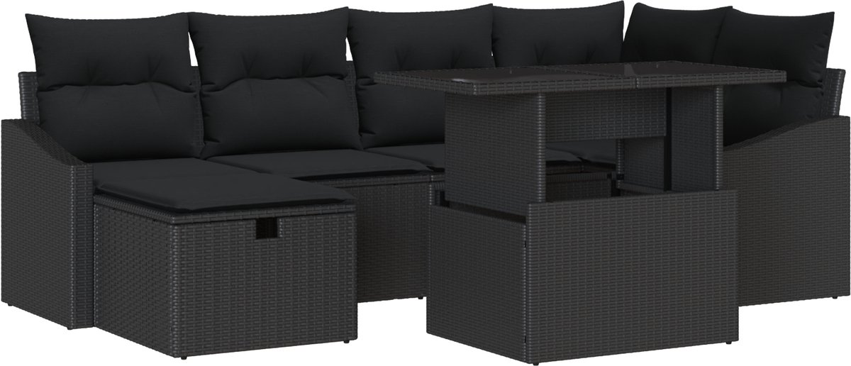 vidaXL Tuinbank - Set - 7 - st - poly - rattan Zwart/ Zwart