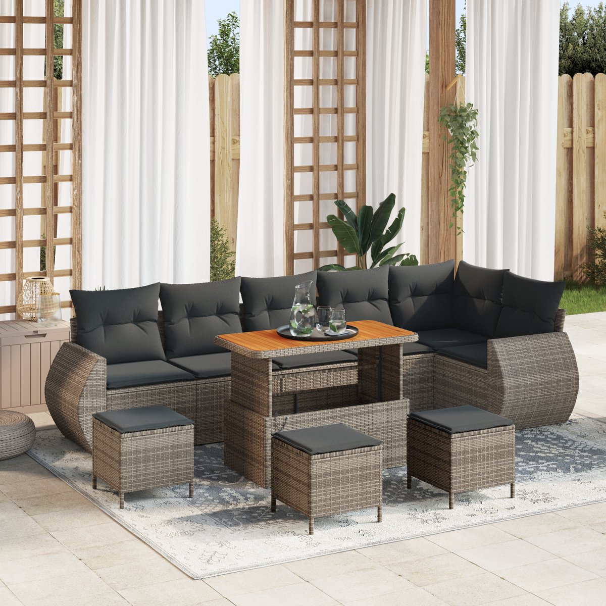 vidaXL - Tuinbank - Set - met - kussen - met - opslag - 10 - pcs - Grijs - Poly - Riet