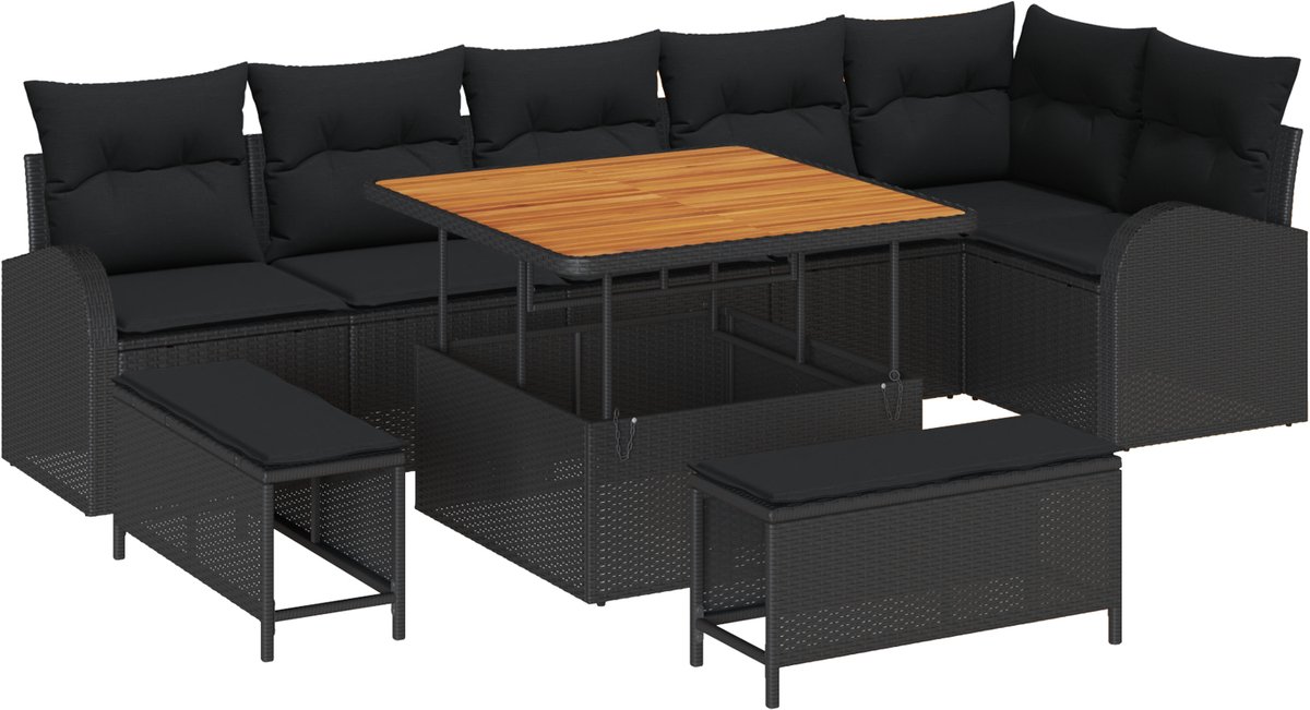 vidaXL - Tuinbank - Set - met - kussen - 9 - pcs - Zwart - poly - rattan