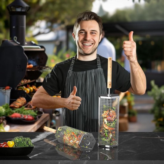 Famanu Rollende grillmanden (2 stuks, zeshoek), afneembaar houten handvat, 304 roestvrij staal, nestend grillnet, barbecue-accessoires gereedschap voor groenten garnalen, buiten koken kamperen van Famanu — afbeelding 2