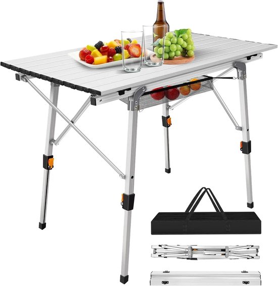 ML-Design Aluminium Campingtafel, Zilver-Wit 75x55x68/32.5 cm, In hoogte verstelbare Klaptafel