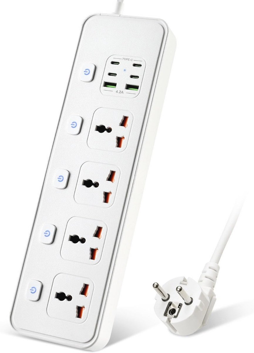 Verlengkabel met 4-weg stopcontacten en USB-poorten