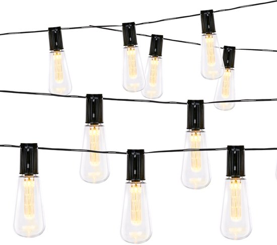 Tien heldere Edison-stijl LED-lampen aan een lichtsnoer.