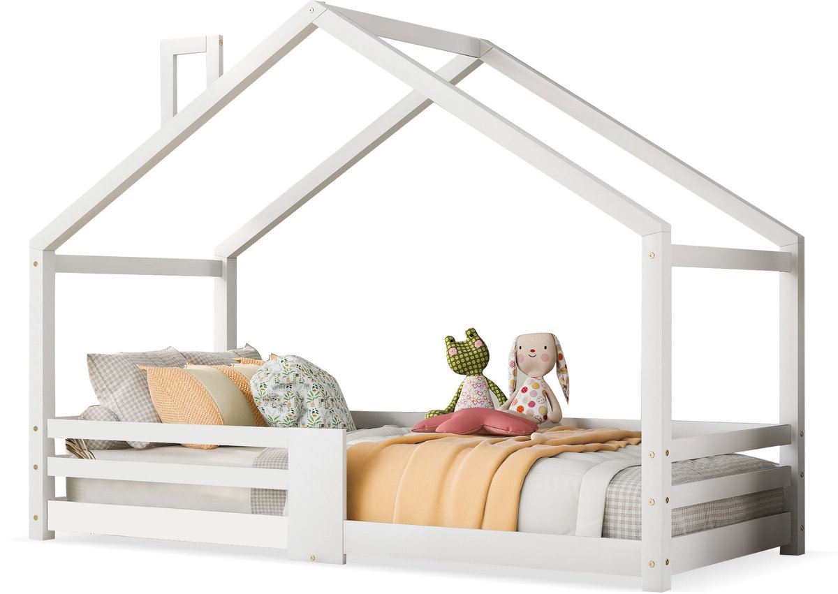 Merax Kinderbed in Huisvorm met Schoorsteen en Rausfallschutz – Massief Hout – 90x200cm –