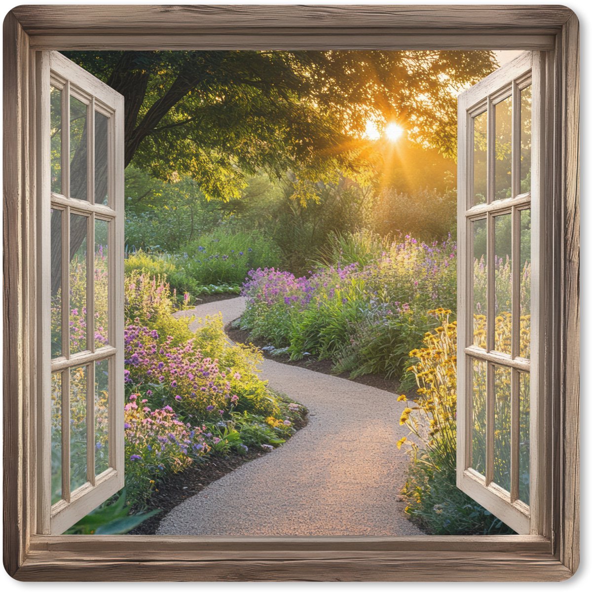Muismat XXL 80x80 cm - Bureau onderlegger - Bureau mat Doorkijk - Bloemen - Natuur - Zon - Pad - Bureaumat - Gaming mousepad xl - Bureaulegger groot - Computer deskmat