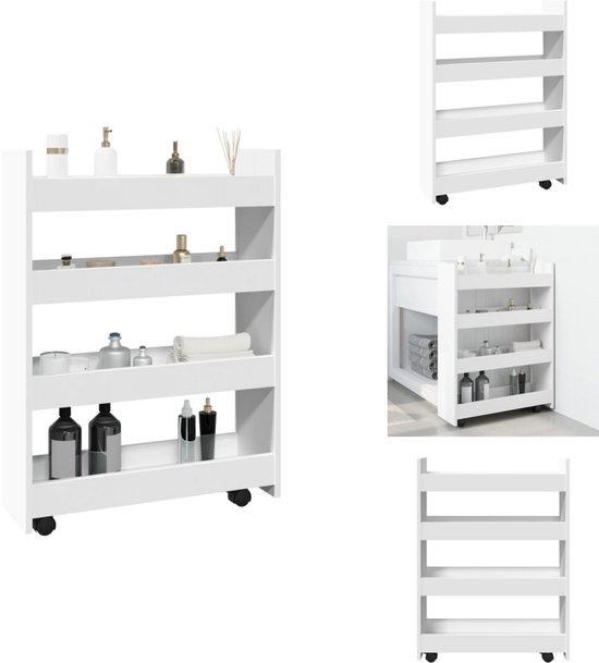 vidaXL Chariot de rangement - Chariots de rangement - Armoire de bureau roulante - Armoire roulante - Chariot de rangement étroit à 4 niveaux en bois traité blanc