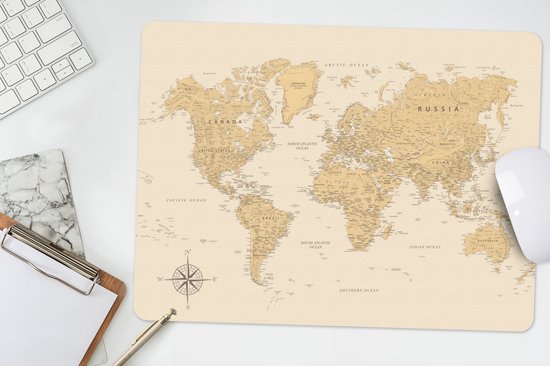 Bureau onderlegger 40x30 cm - Muismat Wereldkaart - Realistisch - Beige - Bureaulegger xl - Desk mat beschermer - Computer muismatten