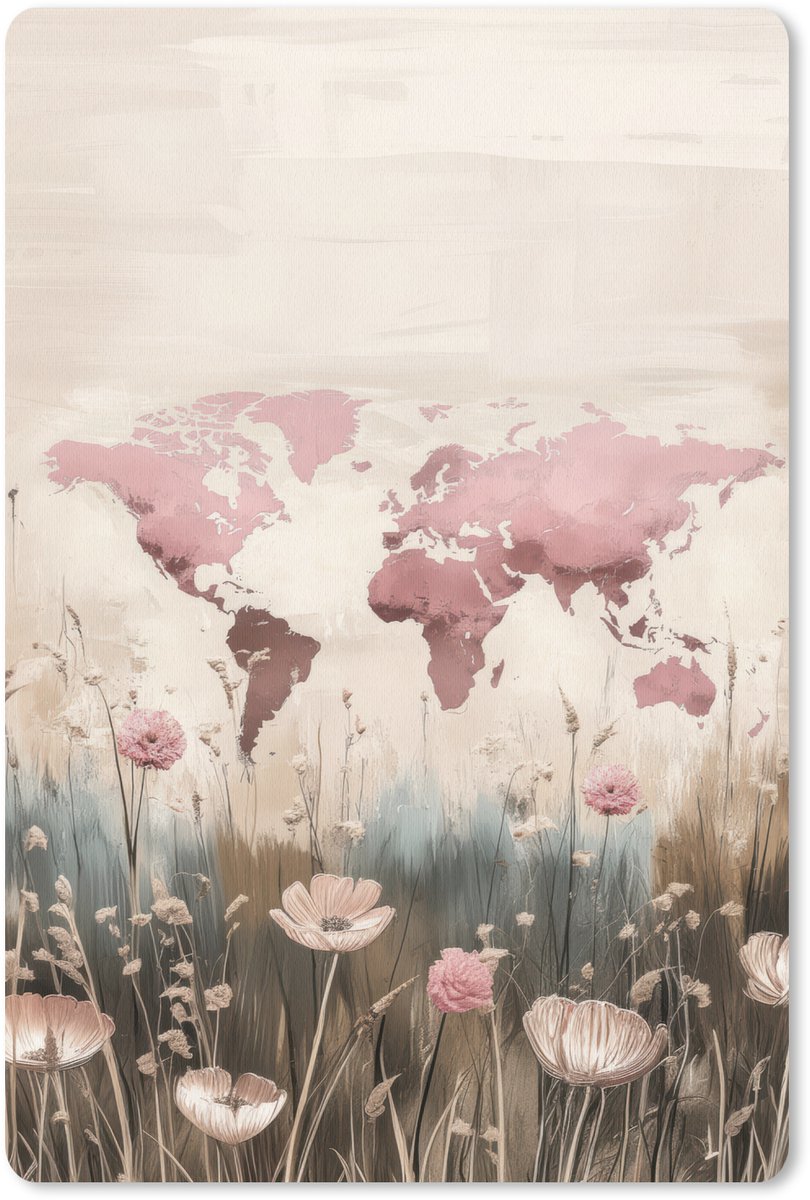 Muismat 18x27 cm - Mousepad Wereldkaart - Roze - Bloemen - Muismatten