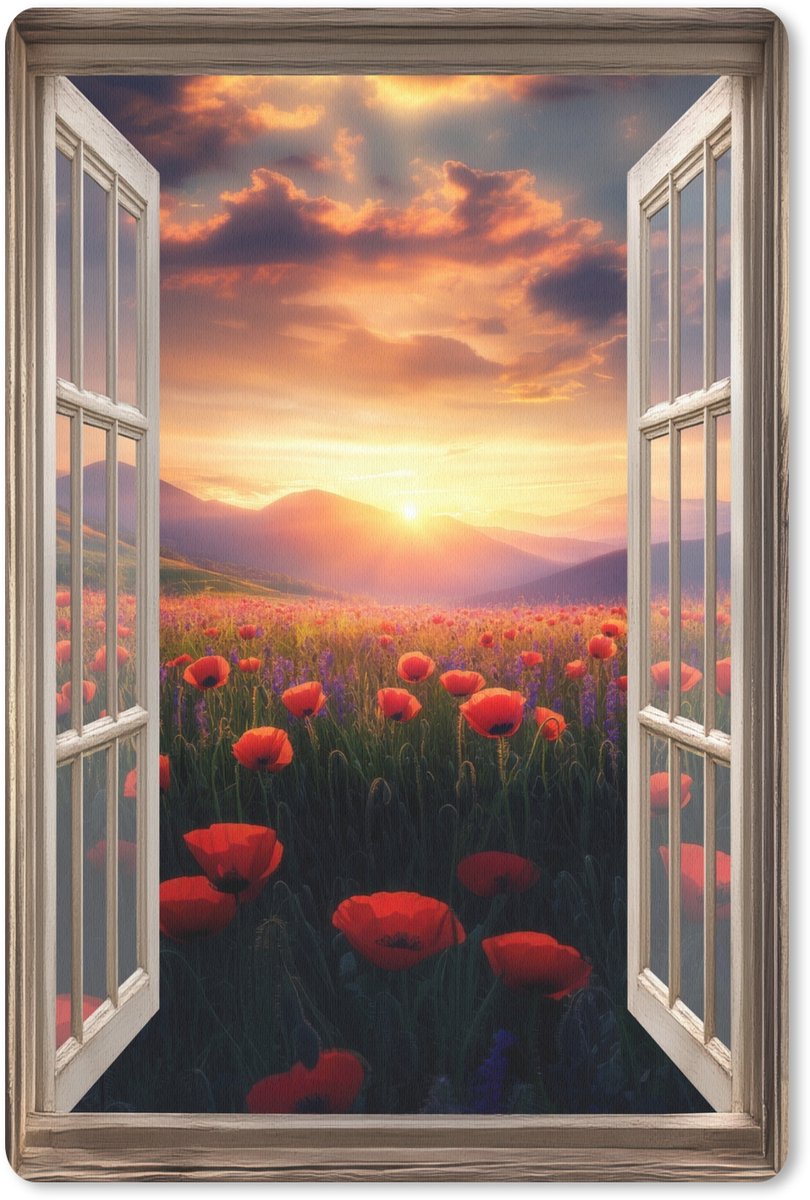 Muismat 18x27 cm - Mousepad Doorkijk - Klaprozen - Bloemen - Rood - Open raam - Muismatten