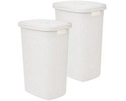 5Five Wasmand met deksel Rotan - 2x - wit - gevlochten kunststof - 60 liter - 45 x 35 x 66 cm