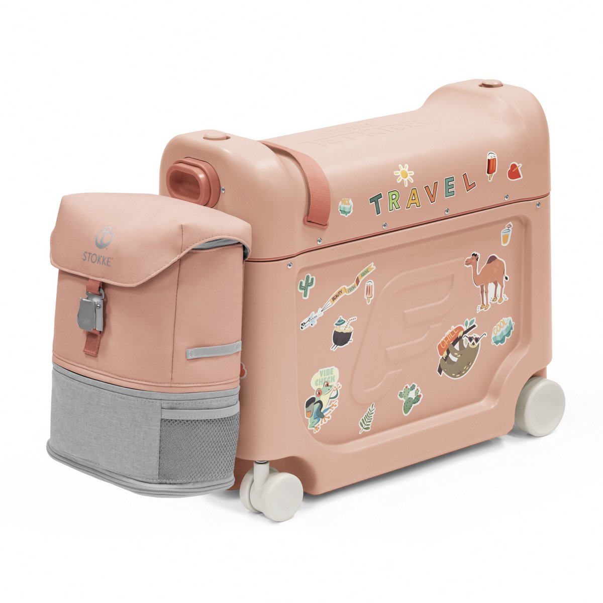 Stokke JetKids Reispakket, Coral Pink - Met BedBox Ride-On koffer en rugzak - Voor kinderen van 2-7 Jaar (tot 35 kg)