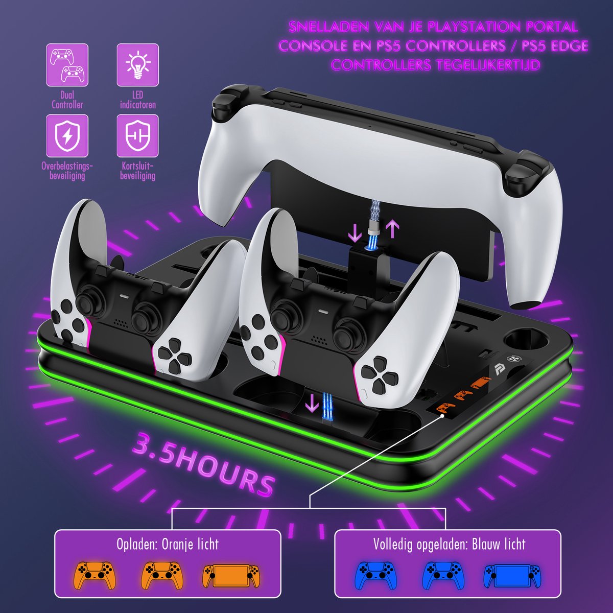 PlayCool all-in-one Multifunctionele RGB Oplaadstation- en Displaystandaard Geschikt voor PlayStation 5/ PS5 Slim/ PS5 Pro (Disc & Digital) & PlayStation Portal (incl. Screen Protector) - DualSense (Edge) controller – foto 3
