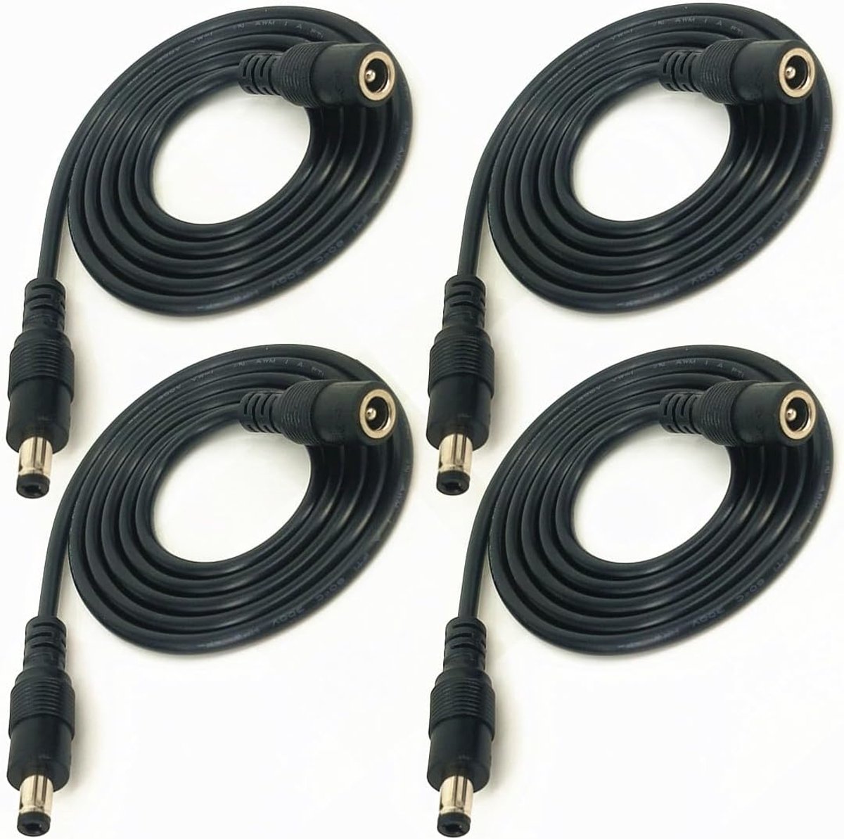 4 Stuks Zwarte DC-Stekkers Verlengkabels 5,5 mm x 2,5 mm - Ideaal voor LED Lichtstrips en Bewakingscamera's