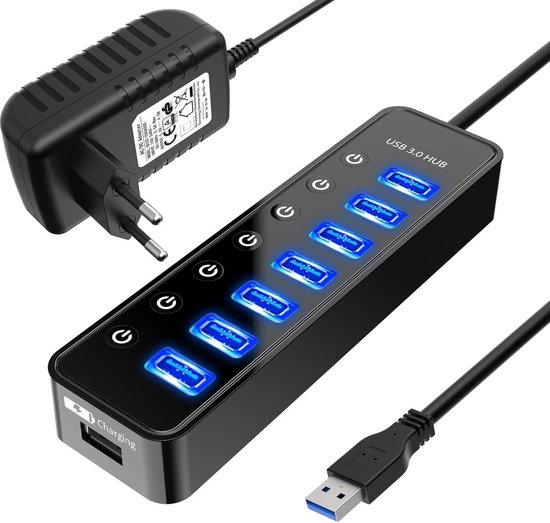 Lzwintrading USB Hub 3.0 met Voeding - USB Splitter - 8 in 1 Hub -7 Poorten en 1 Oplaadpoort - 5 GBPs - Led Indicatie - USB Hub 3.0 met Aan/Uit Knop en 5V/4A-stroomadapter