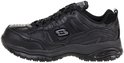 Zwarte Skechers werkschoen, zijaanzicht met veters en gedetailleerde zool. Gemaakt van leer en textiel.