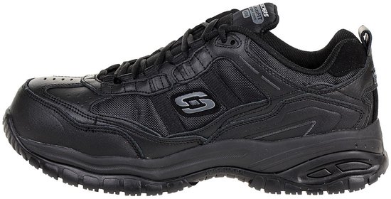 Zwarte Skechers werkschoen, zijaanzicht met veters en gedetailleerde zool. Gemaakt van leer en textiel.