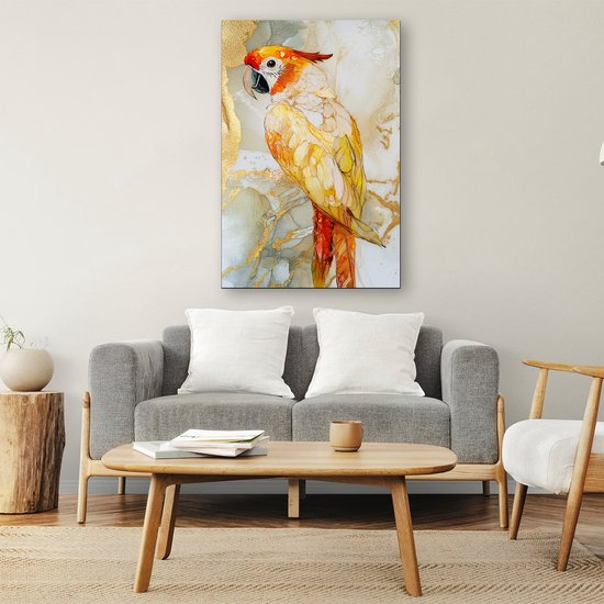 Kleurrijke papegaai met gouden details - Papegaai wanddecoratie - Canvas schilderij dier - Aquarel - Wanddecoratie modern - Woonkamer accessoires - canvas 40x60 cm