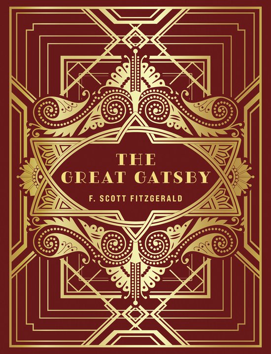 La couverture de « The Great Gatsby » présente un fond rouge profond avec un motif Art déco doré.