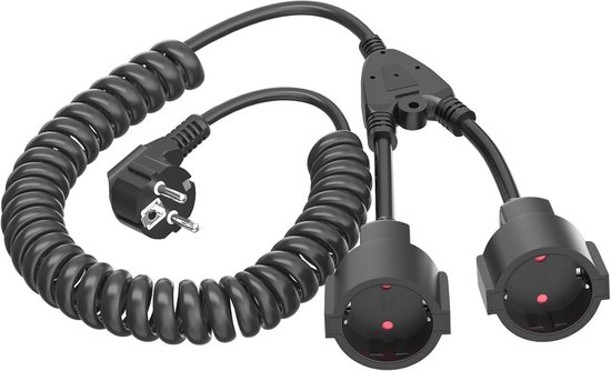 Schuko Verlengkabel 3 M - Spiraalkabel, Uittrekbaar Van 0,9 Tot 3 M, 230V/16A, Met Kinderbeveiliging, Zwart