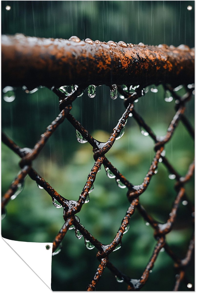Regen op roestig hekwerk - Regen posters - Tuinschilderijen natuur - Hyperrealisme - Weerb