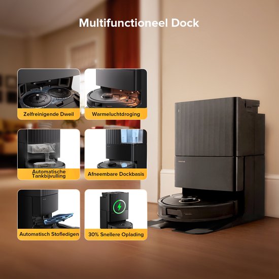 Multifunctioneel dock voor Roborock robotstofzuiger: zelfreinigende dweil, warmeluchtdroging, automatische tankvulling, afneembare dockbasis, automatisch stofledigen, sneller opladen.