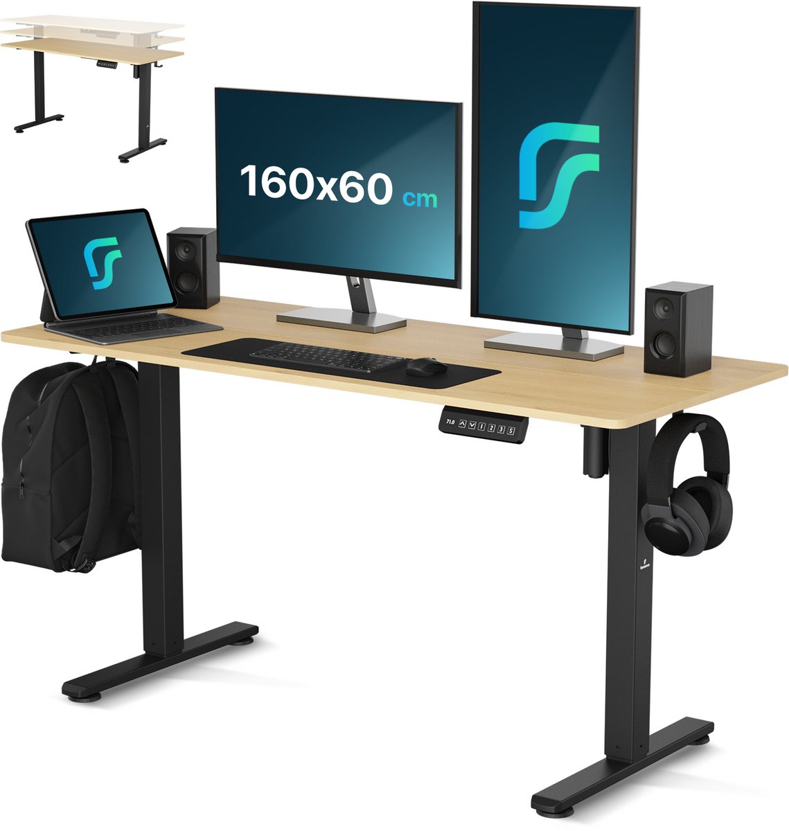 Flowsense Zit Sta Bureau Elektrisch Verstelbaar - 4 Geheugen Standen - Incl. Kabelgoot - 160 x 60 cm - Grijs Eiken