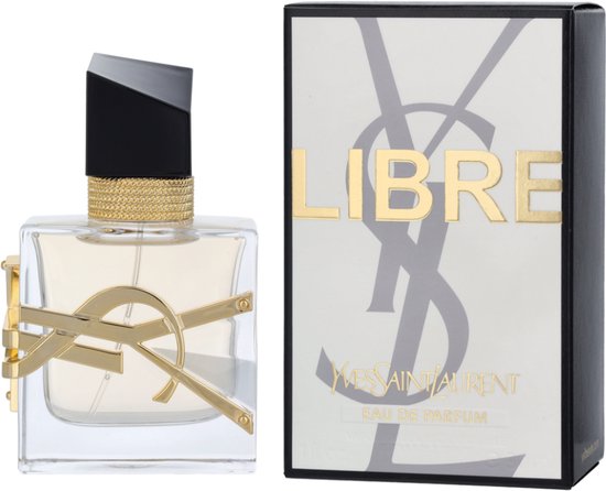 Doos en YSL Libre Eau de Parfum damesparfum. Gouden logo, gouden kettingdetail, zwarte dop.