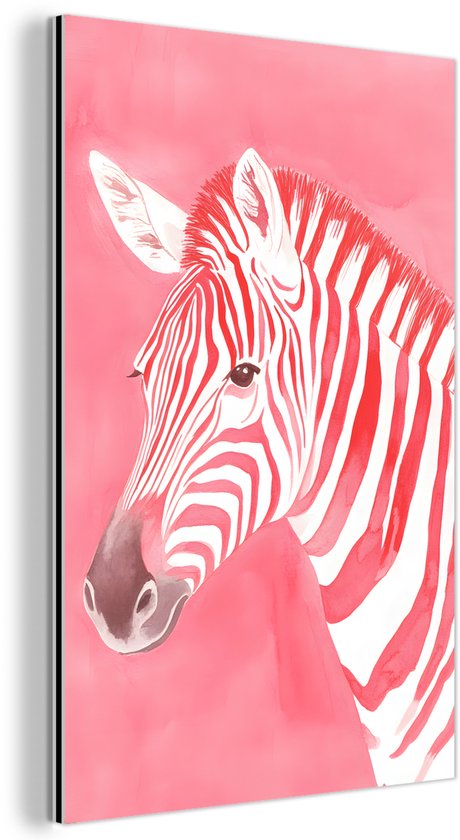 Aluminium schilderij 100x150 cm - Wanddecoratie metaal - Zebra - Pink - Verf - Metalen muurdecoratie woonkamer - Decoratie industrieel - Foto op dibond - Industriële accessoires slaapkamer