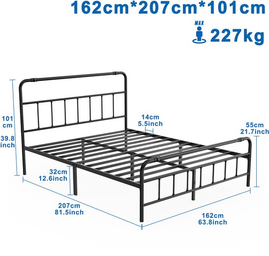 NAIZY Bedframe met Hoog Hoofdbord 160x200 cm Metalen Bedframe met Opbergruimte Metalen Bedframe voor Gastenbed Jeugdbed Tweepersoonsbed