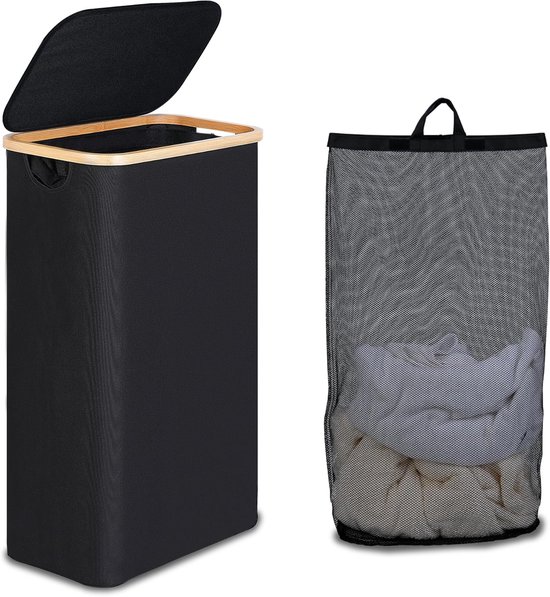 SOLEDI 75 l vuile wasmand met deksel, smalle wasmand met handgrepen voor kleding, wasmand voor badkamer, slaapkamer, waskeuken, beige
