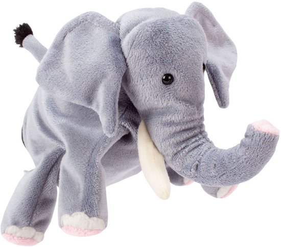Grijze olifant handpop met slurf, slagtanden, roze voetzooltjes en zwart staartje.