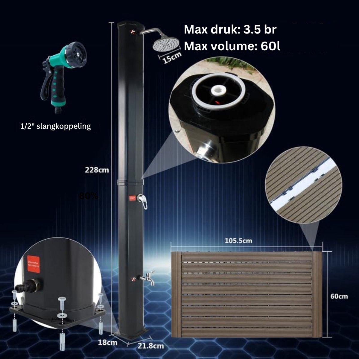 CCLIFE solar douche 60L - zonneverwarming, WPC-bodemplaat, draaibare kop thumbnail 4