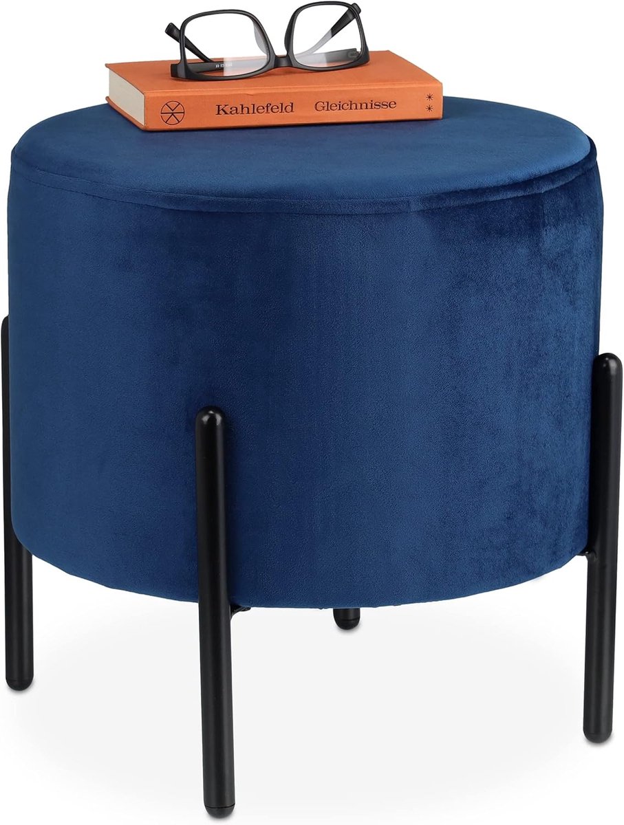 Ronde fluwelen hocker - gepolsterde poef met zwarte metalen poten - HxD: 38.5 x 40.5 cm - velvet blauw