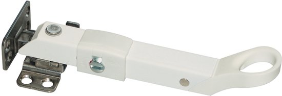 Witte afsluitbare raamuitzetter met een inklapbare handgreep en metalen bevestiging.