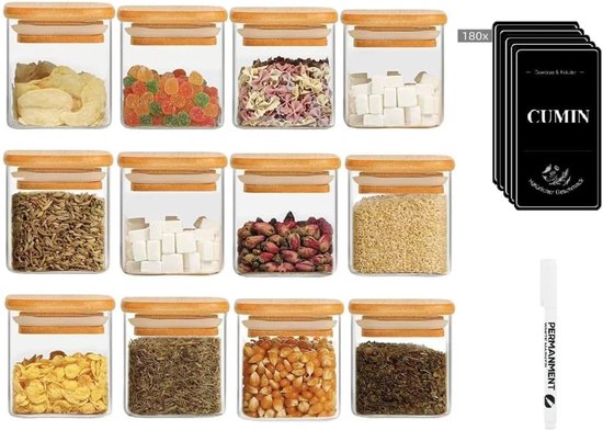 Set van 12 glazen potten met bamboedeksel – 4 x 400 ml & 4