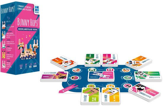 Het bordspel Bunny Hops! in Nederlandstalige versie. Het spel bevat kaarten, een speelbord en pionnen.