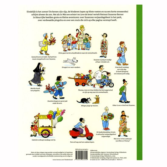 Gekleurde illustratie van een boekrug met diverse figuren, waaronder kinderen, een non en dieren. Tekst: 'Eindelijk is het zomer!'