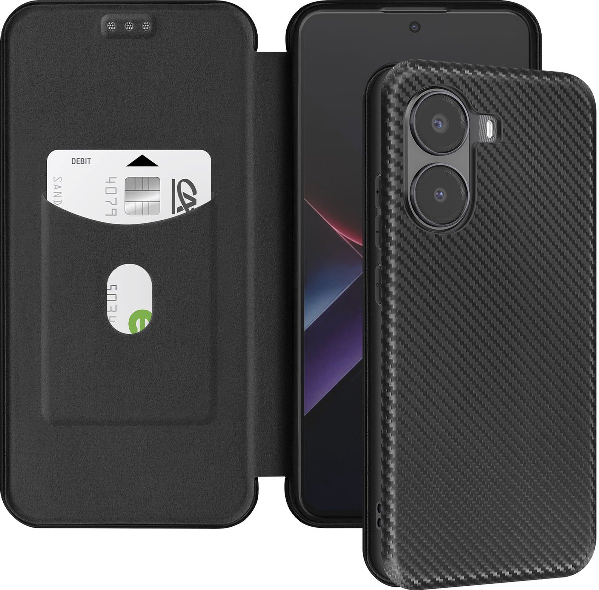 Avizar Carbon Hoesje Geschikt voor Xiaomi Poco X7 Pro Kaarthouder Videohouder, Zwart