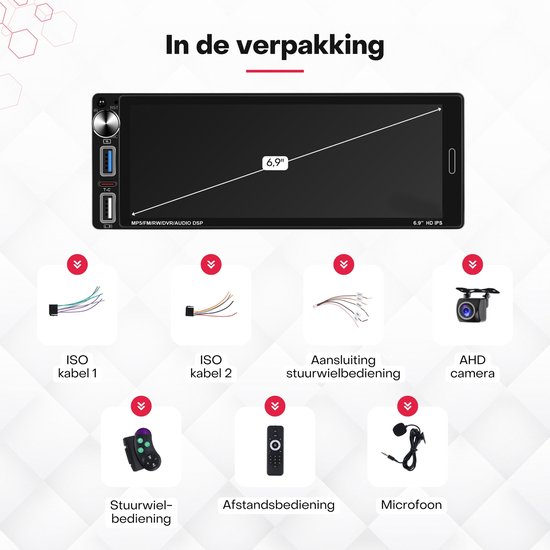 Inhoud van de verpakking: 6,9 inch autoradio, ISO kabels, stuurwielbediening, afstandsbediening, microfoon en AHD camera.