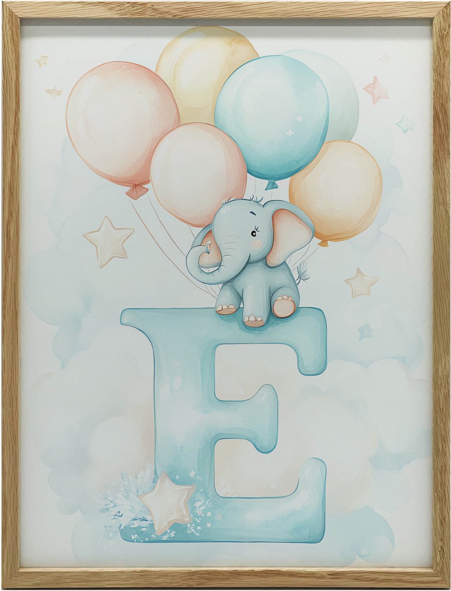 Muurposter Ballon E Met Olifant In Lijst, Donkerbruin 30X40 Cm