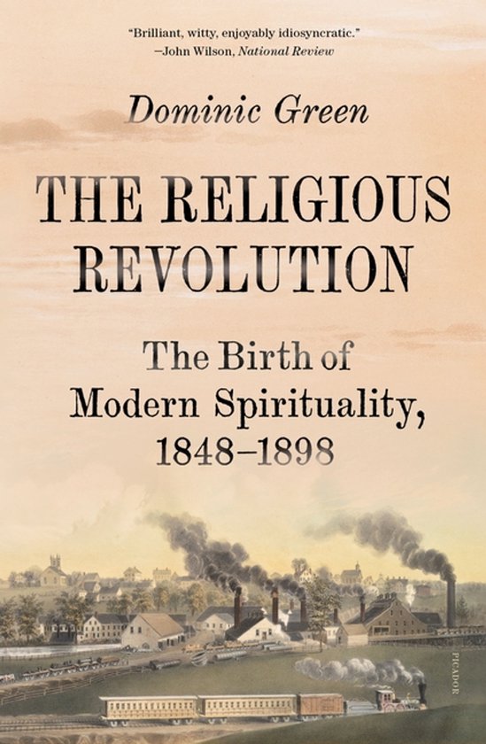 Boekomslag voor 'The Religious Revolution' door Dominic Green. Illustratie van een stad met rook uit schoorstenen en een trein.