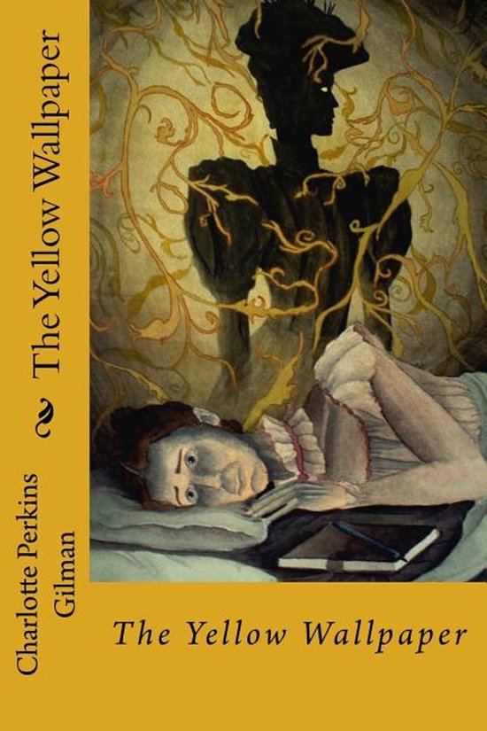 Livre "The Yellow Wallpaper" représentant une femme allongée sur un lit avec une silhouette dans son dos.